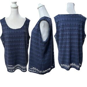 Charter Club Navy Blue Silky Tank Top with Mesh Overlay Sleeveless Size 1X